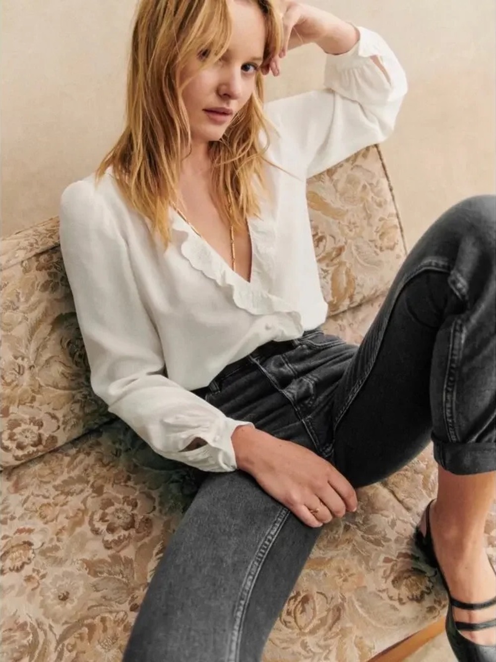 Sezane Rosine Silk Ecru Blouse Shirt French Casual